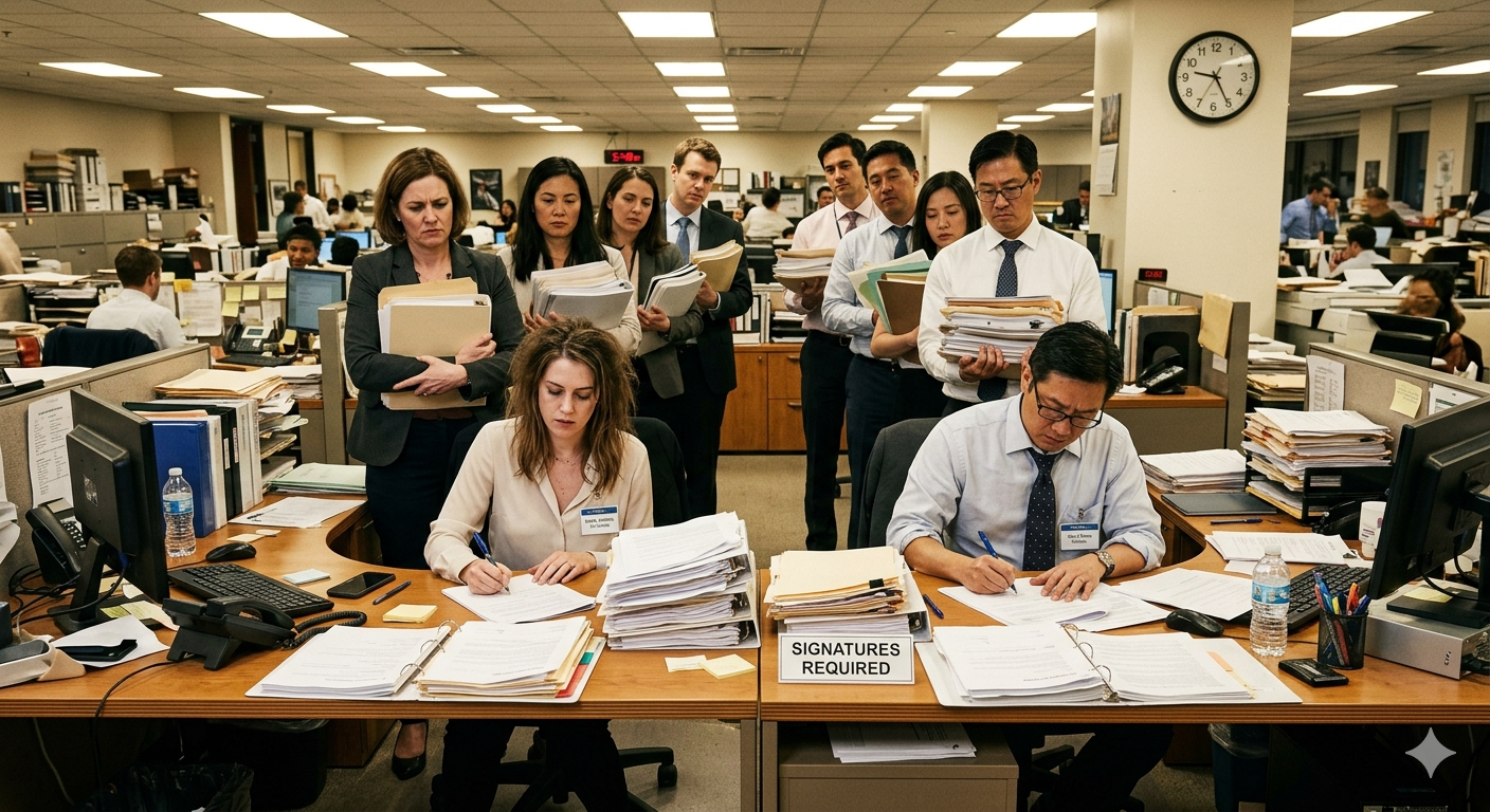 Office with paper signing queue